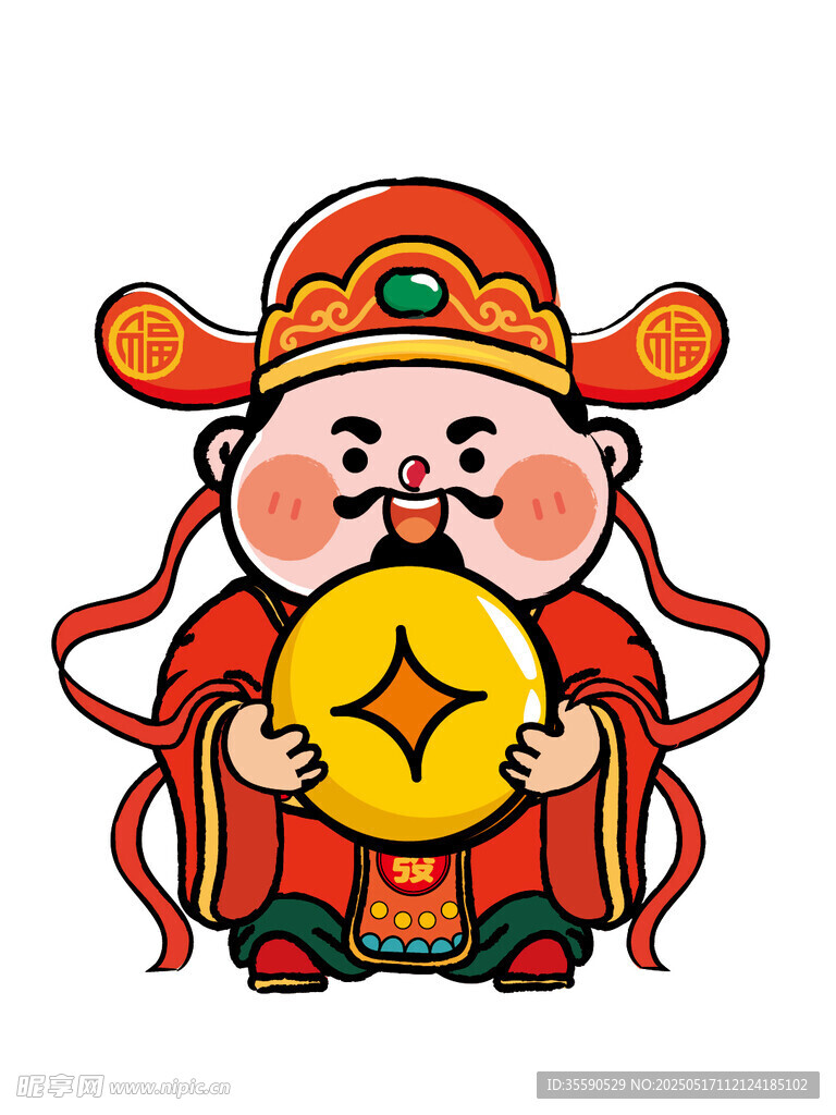聚宝财神拿金币钱多卡通图片插画