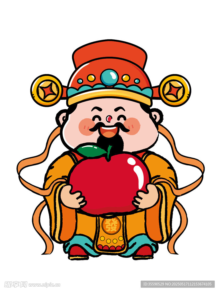 发财抱苹果财神喜卡通插画图片