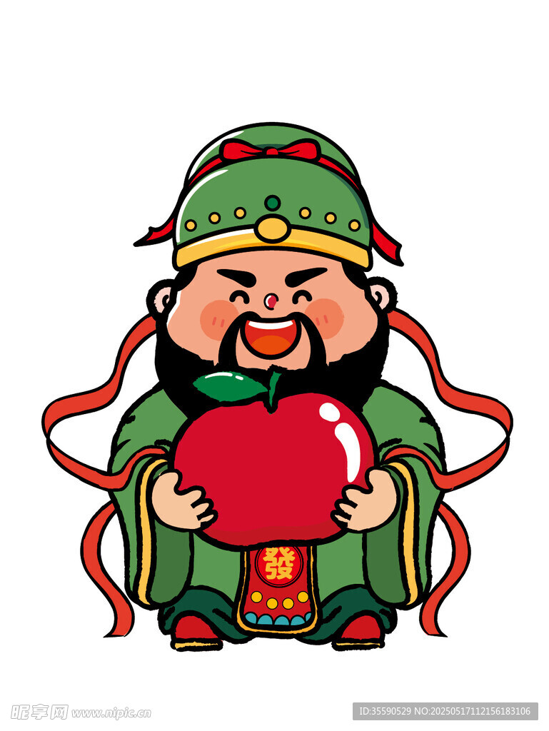 绿衣财神笑抱红苹果卡通插画图片