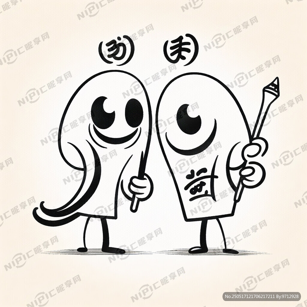 书法标志 两个卡通人物 手拿笔