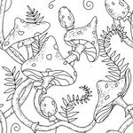 奇幻蘑菇森林黑白插画四方连续 