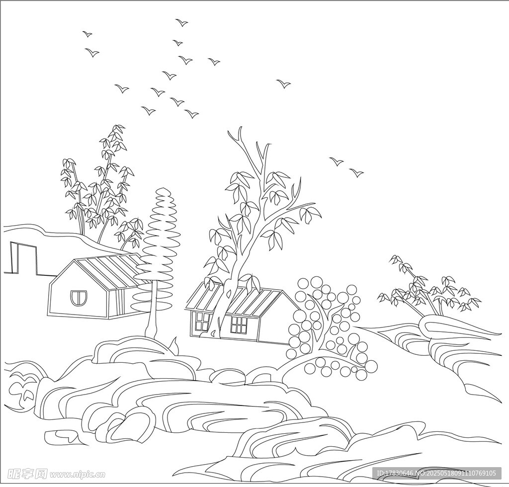 乡村风景线稿