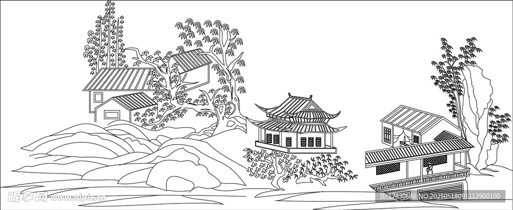 中式山水建筑风景线稿