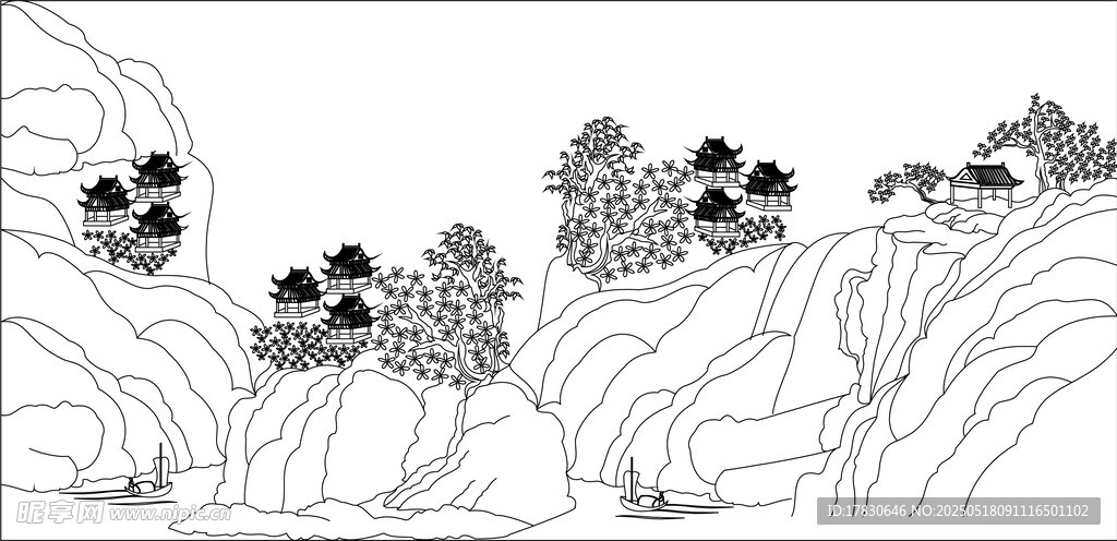 水墨山水简笔风景图