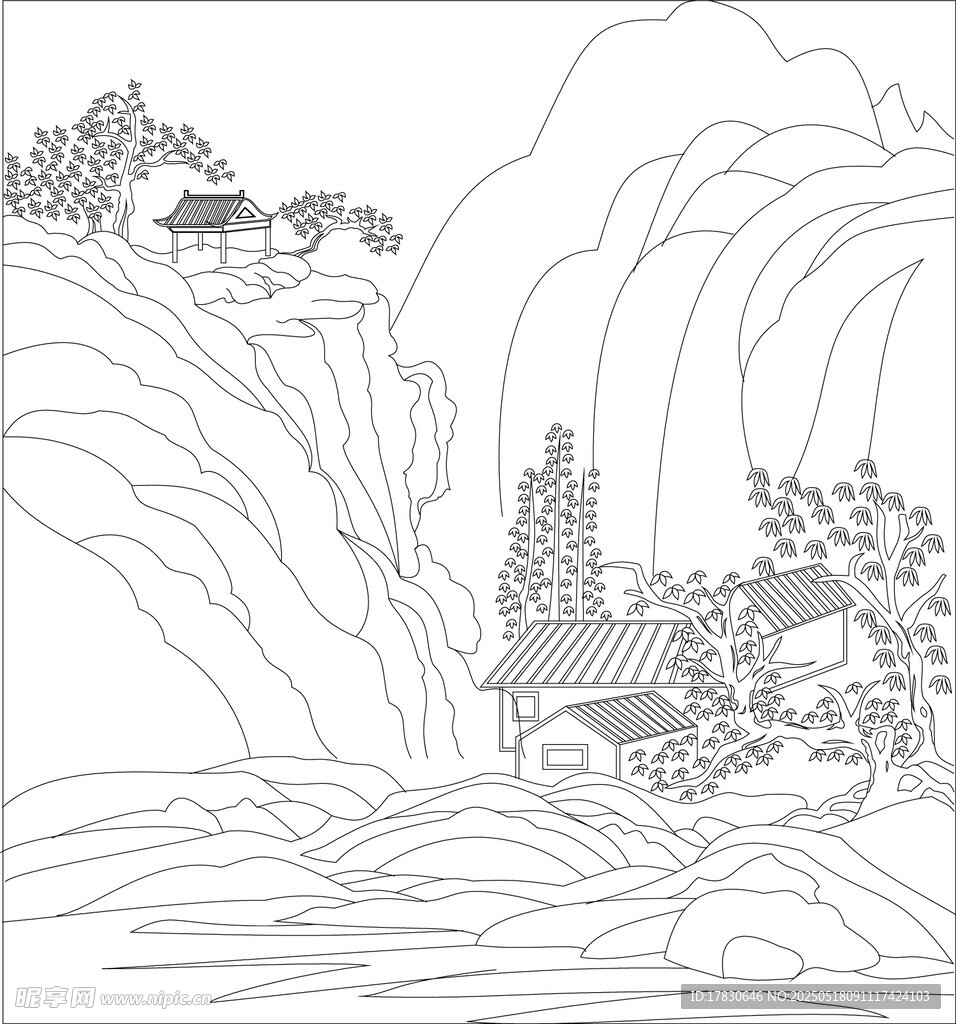 山水村落线描图