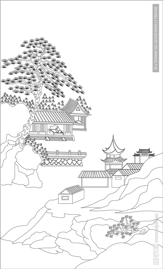 中式山水楼阁线描图
