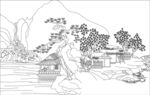 古代人物山水场景线描画