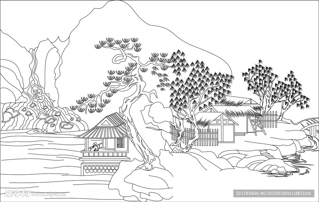 古代人物山水场景线描画