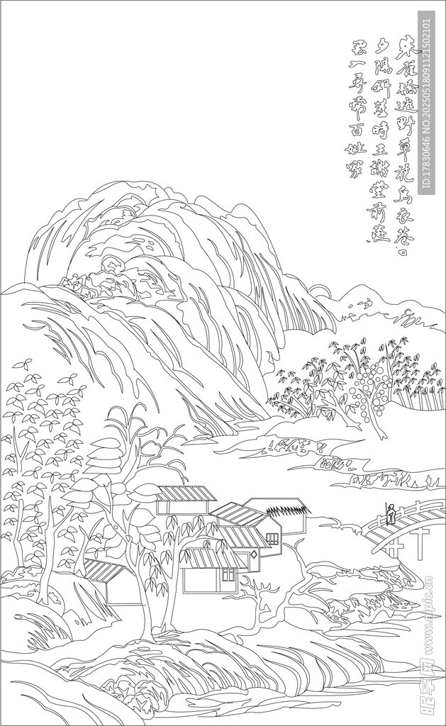 水墨山水线描风景图