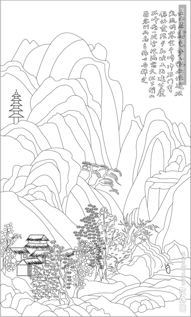 水墨山水线描图