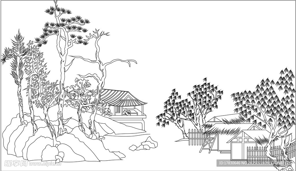 中式山水风景简笔画