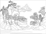 山水村落线描风景图