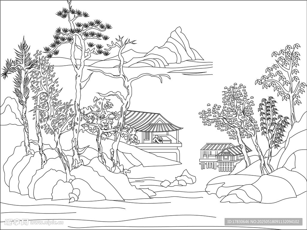 山水村落线描风景图
