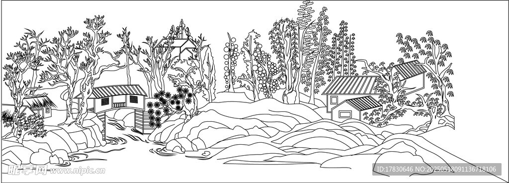 乡村风景线手绘黑白插画