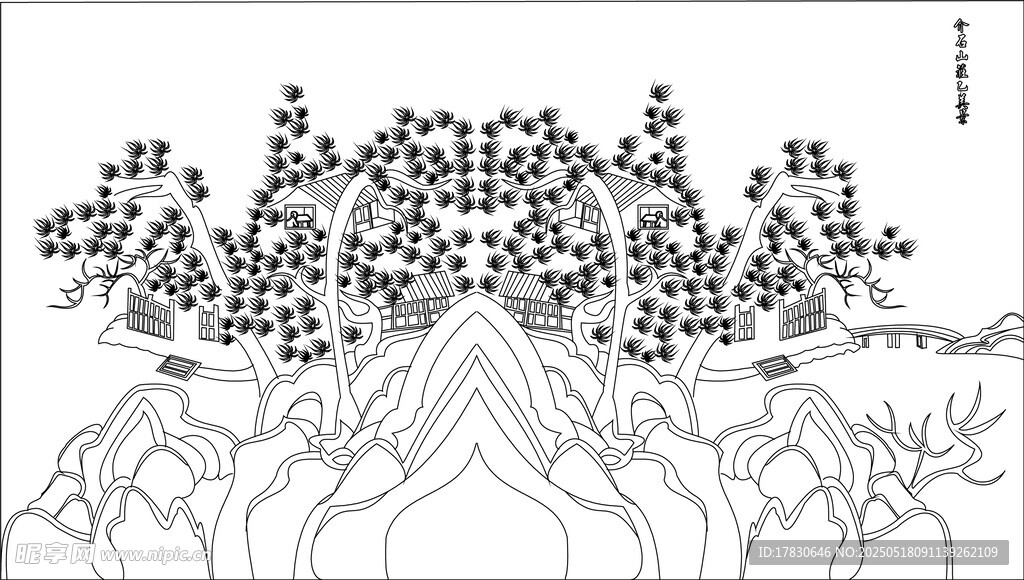 黑白山水树木线描图