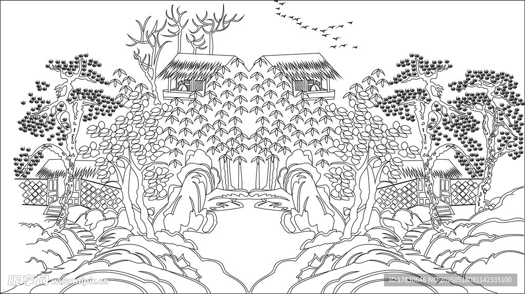 中式山水庭院线描图