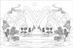 山水风景黑白线稿插画