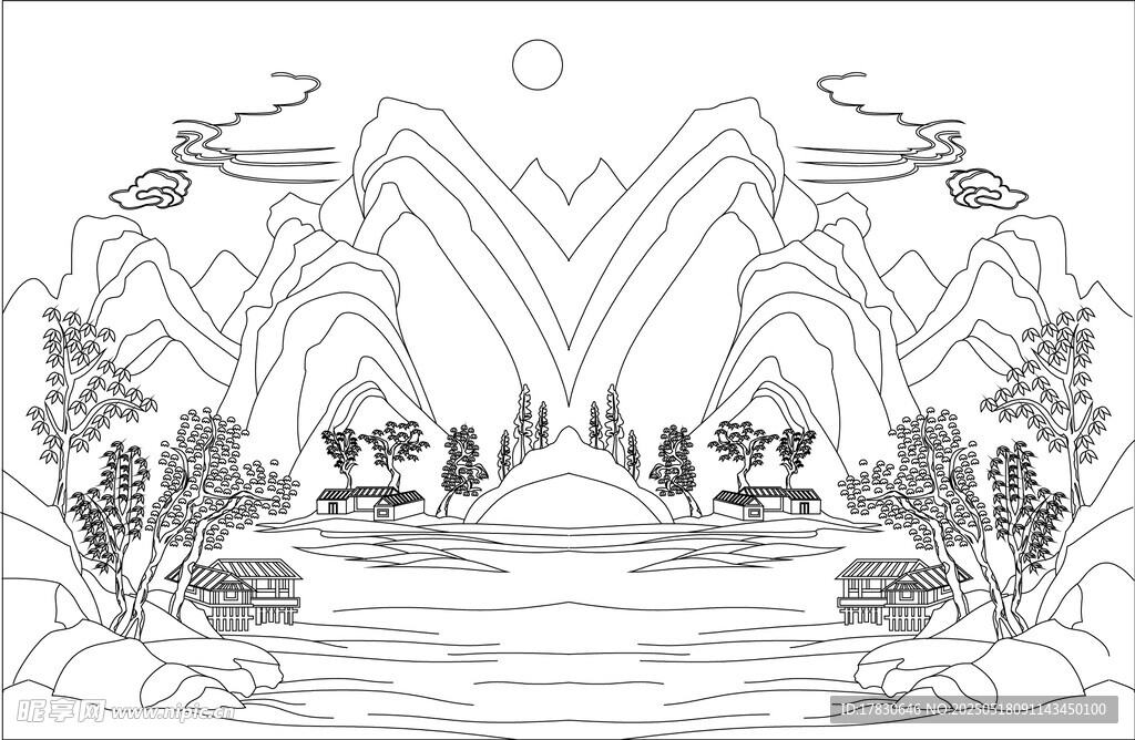 山水风景黑白线稿插画