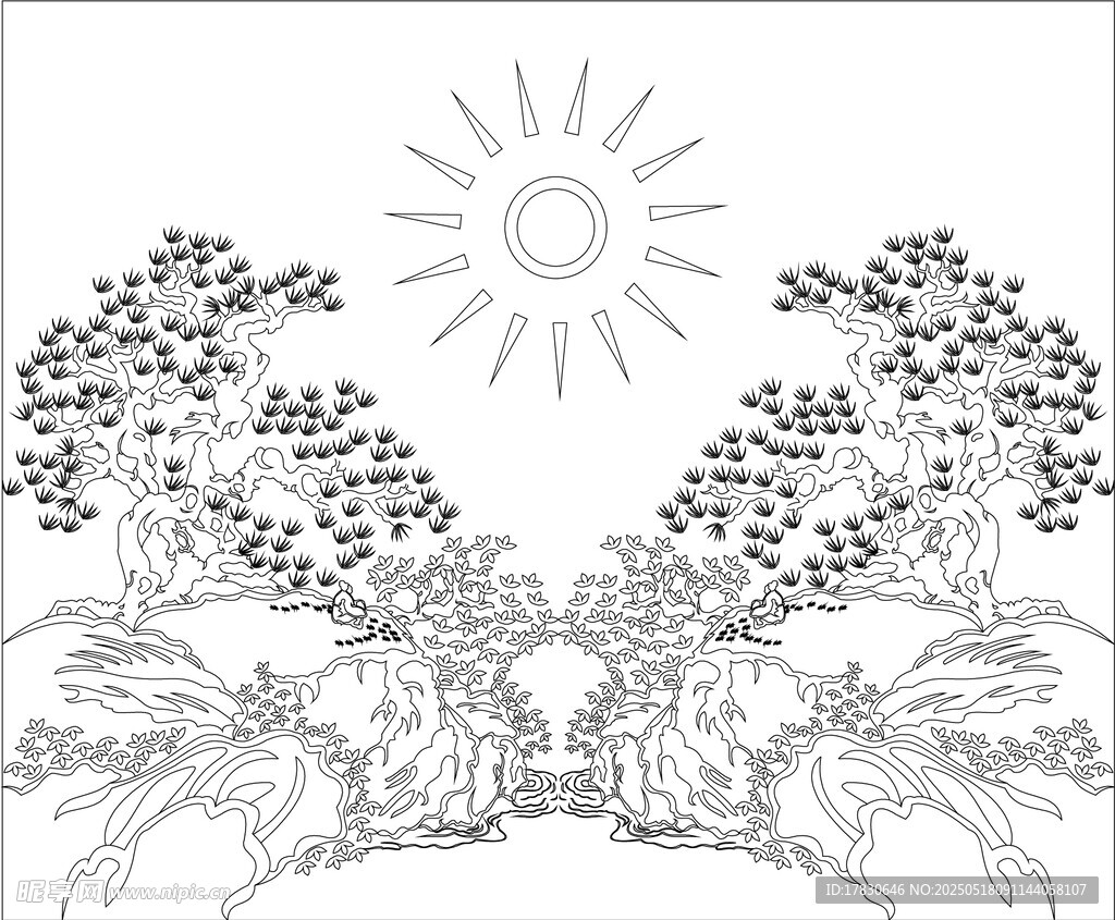 日出山林黑白插画
