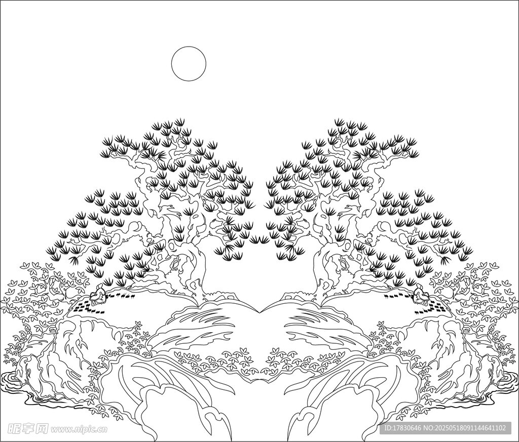 中式黑白花鸟树木图案