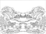 中式山水庭院线描图
