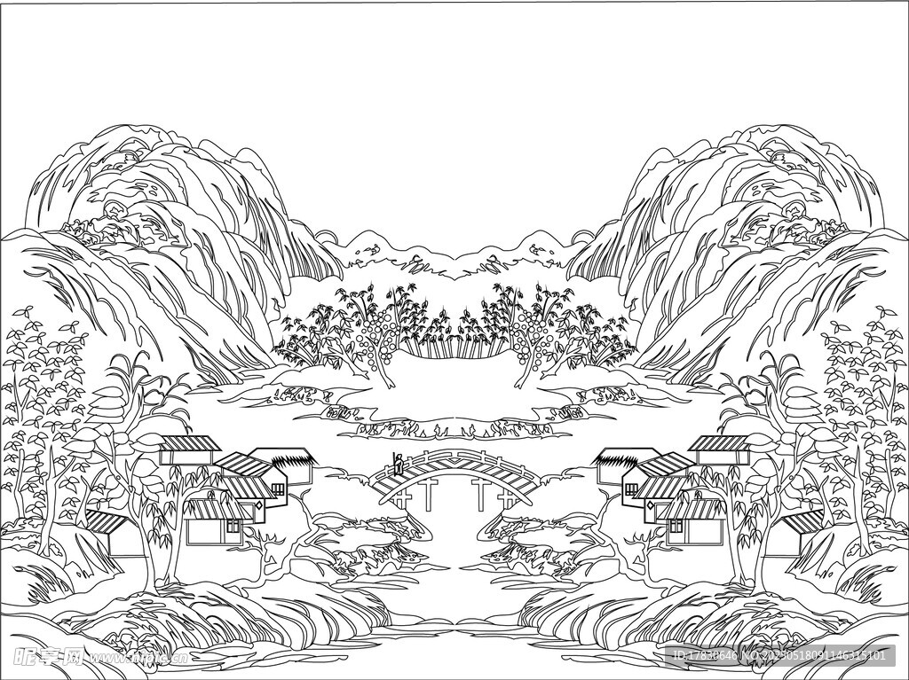 中式山水庭院线描图