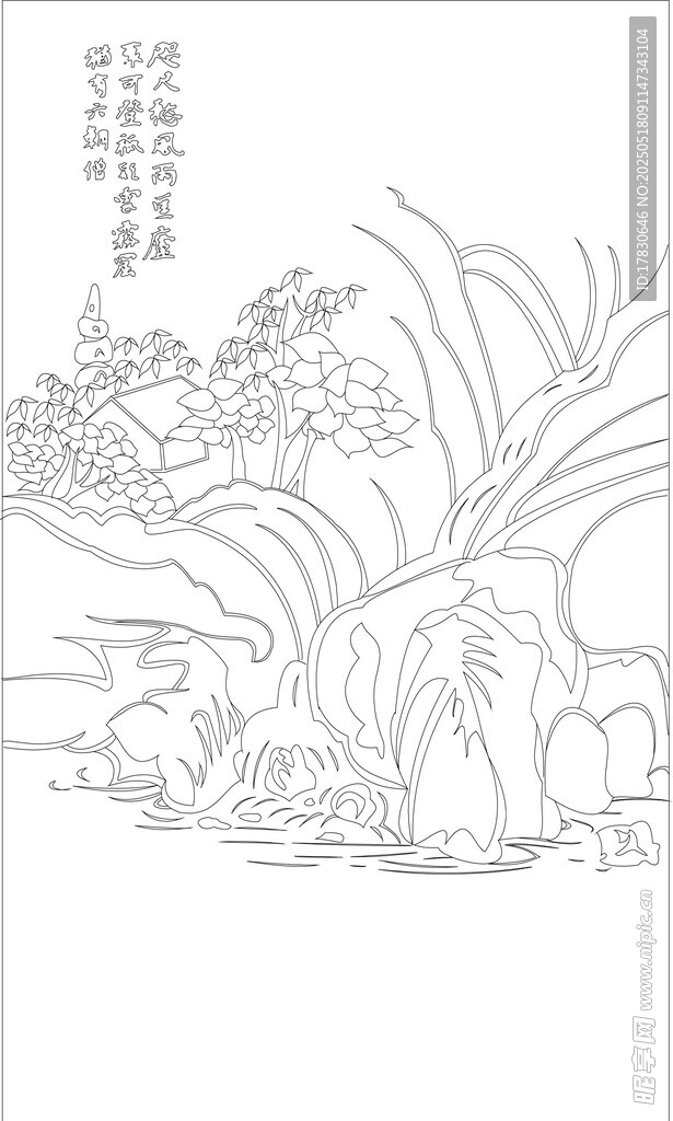 水墨山水线描风景图
