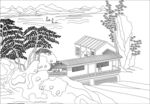 中式山水庭院黑白线描图