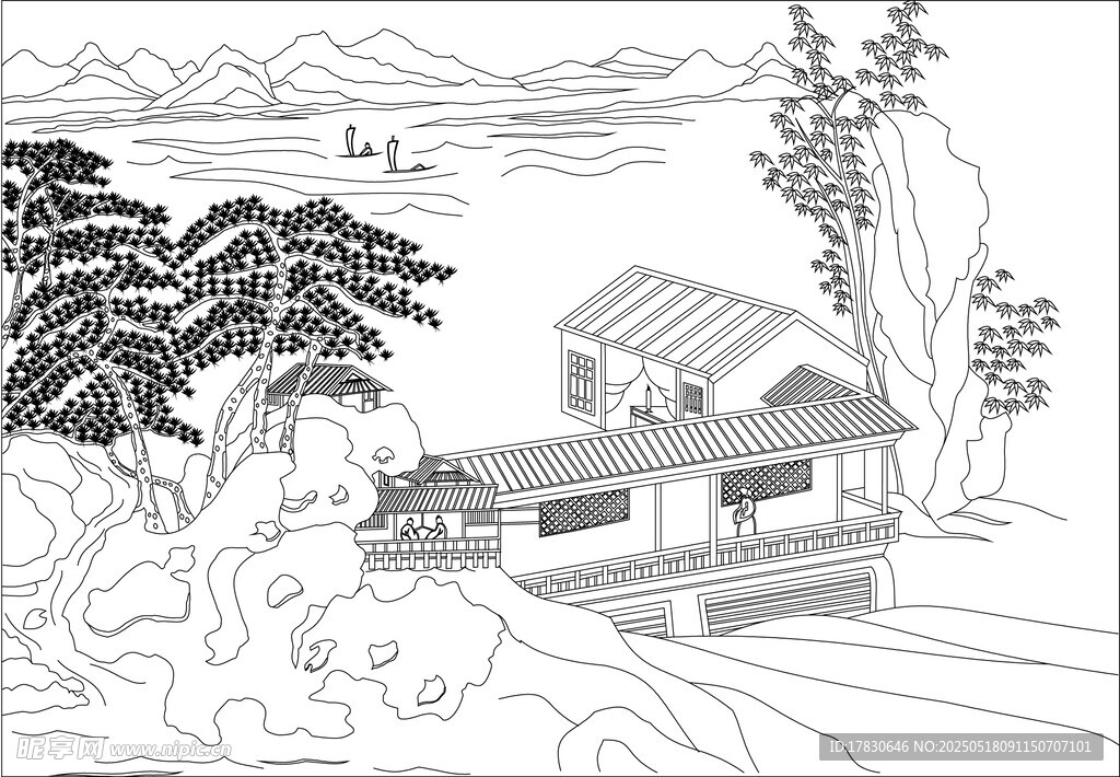 中式山水庭院黑白线描图