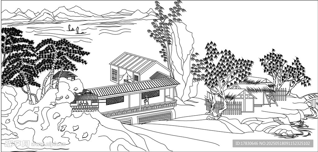 乡村山居风景水墨画