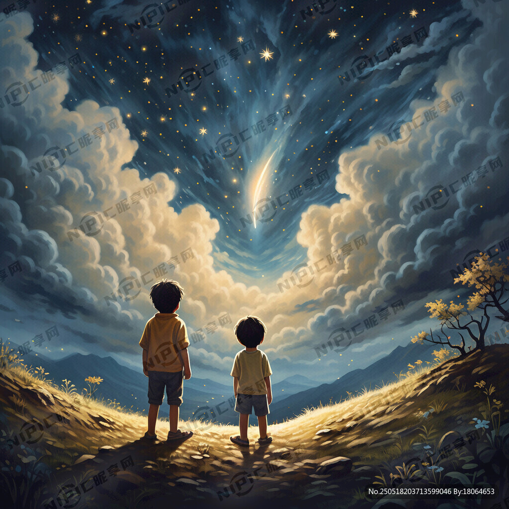 小男孩站小山坡上 繁星满天