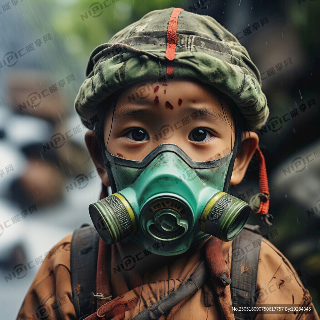 戴防毒面具的高山族小孩