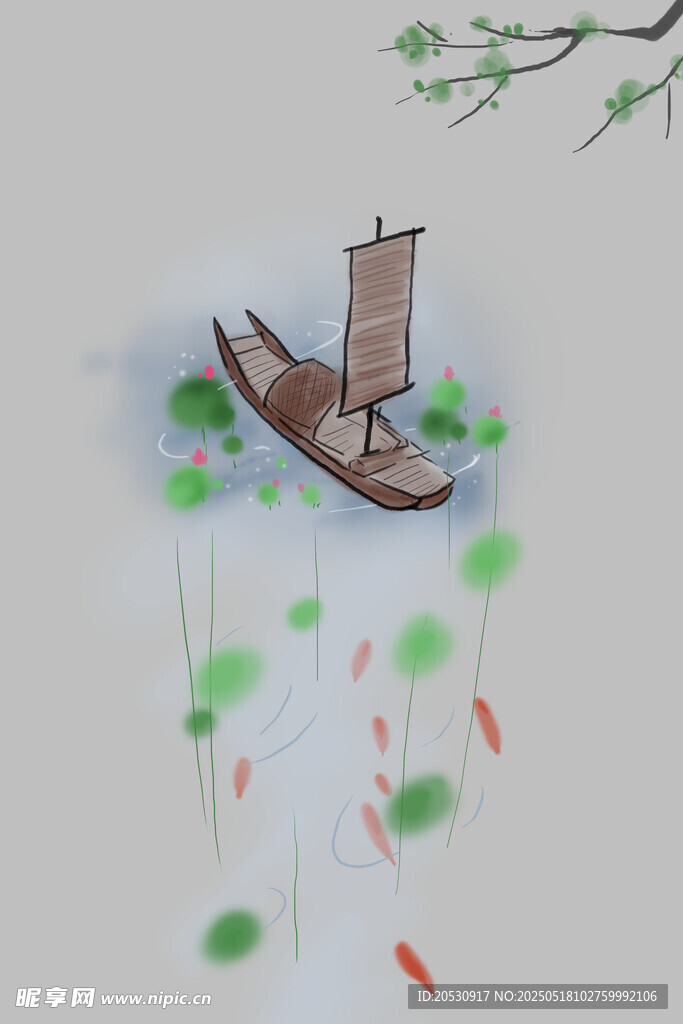 荷塘小船图