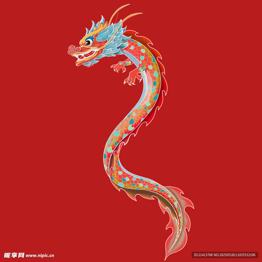 红色背景上的多彩中国龙