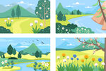 春日田园风光四格插画