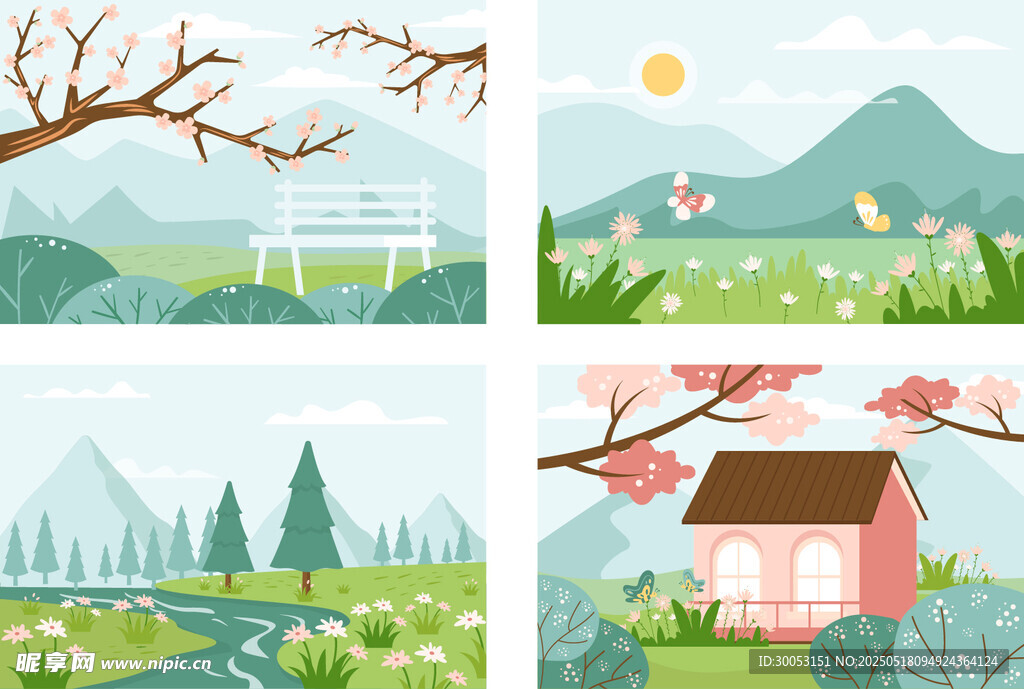 春日风景四格插画