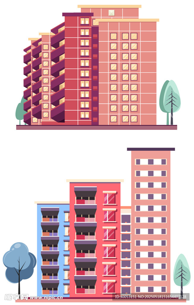 多彩城市建筑与绿树景观