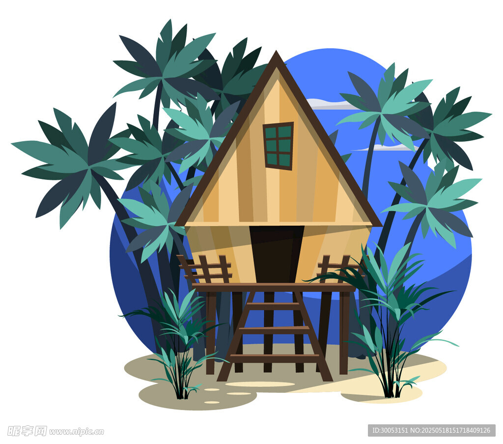 热带小屋旁的棕榈树景观