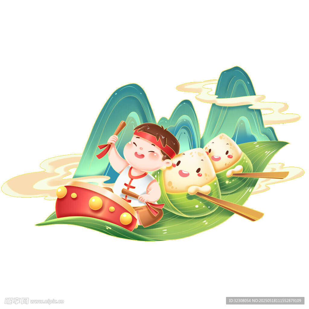 儿童端午划龙舟欢乐场景
