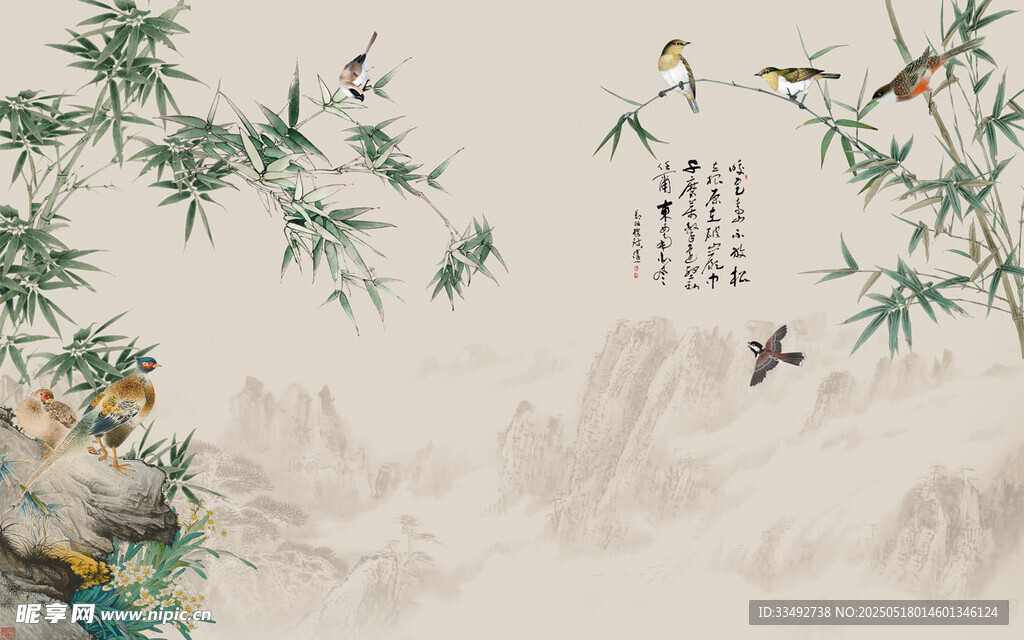 中式水墨风竹林飞鸟图景