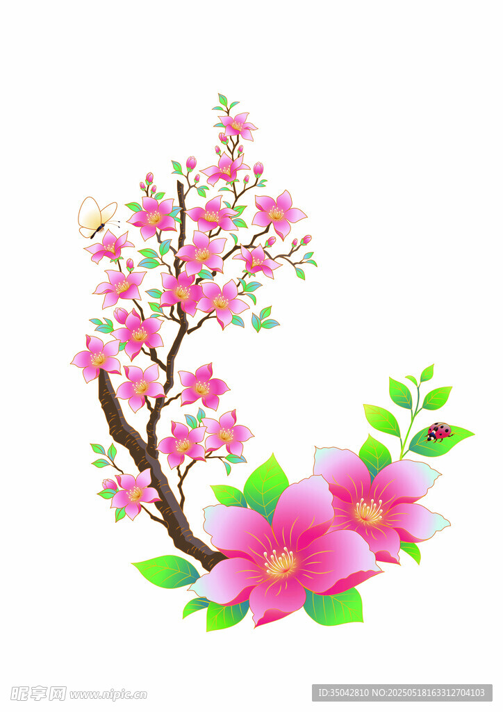 国潮桃花樱花杏花春粉色花枝插画