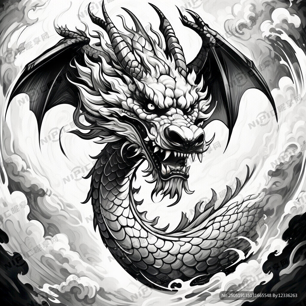 龙 卡通图 黑白色