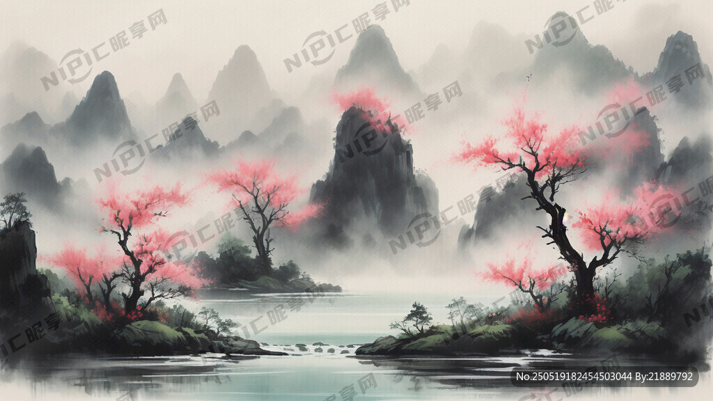 青绿山水 碧溪、粉桃、翠竹 