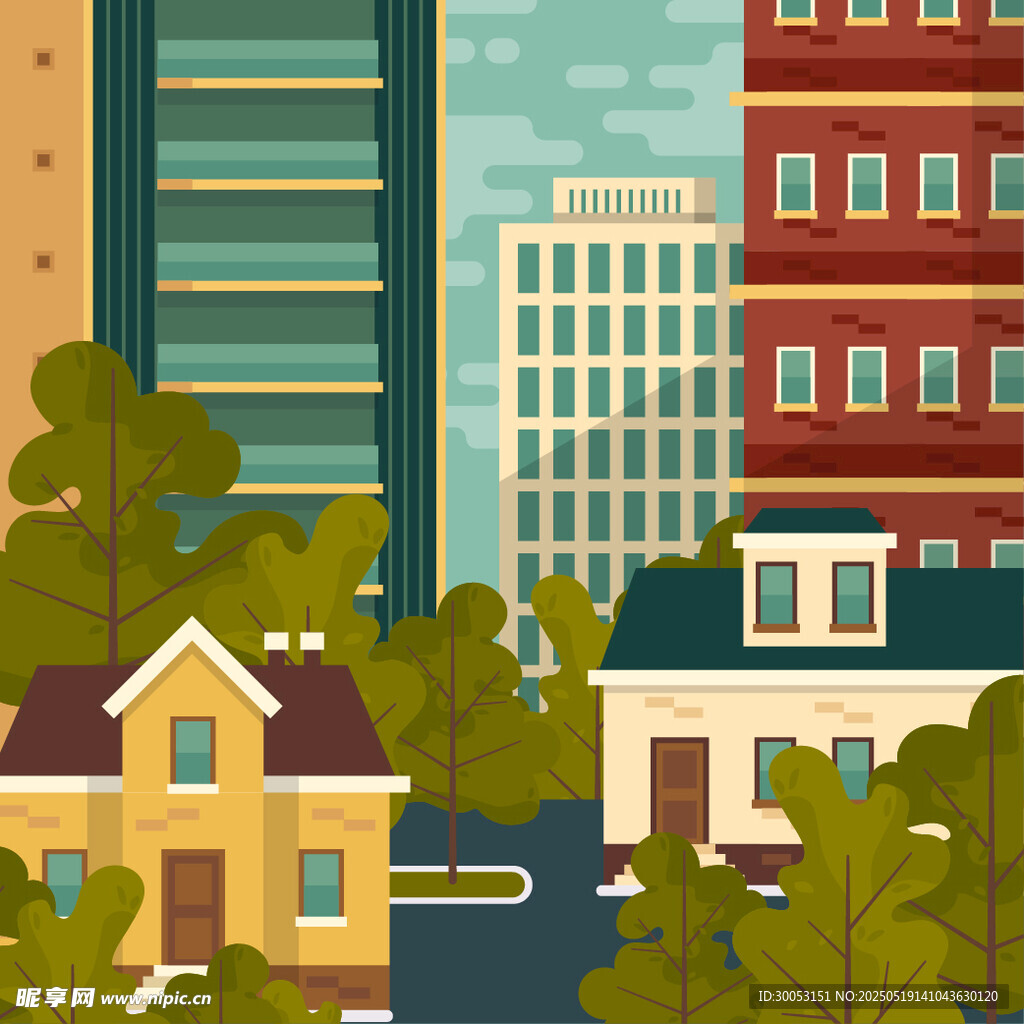 城市中的住宅与绿树景观
