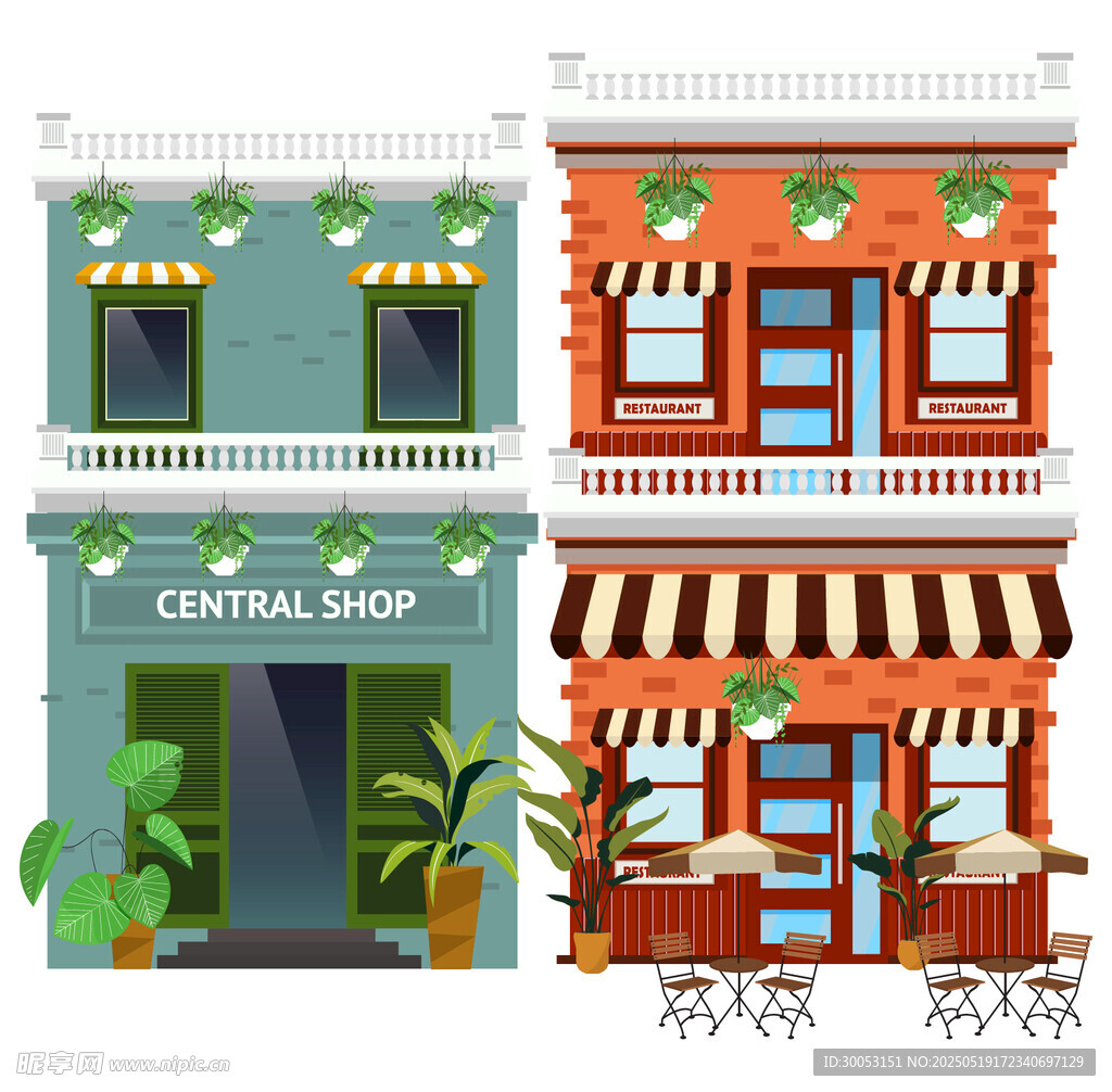多彩街边店铺插画