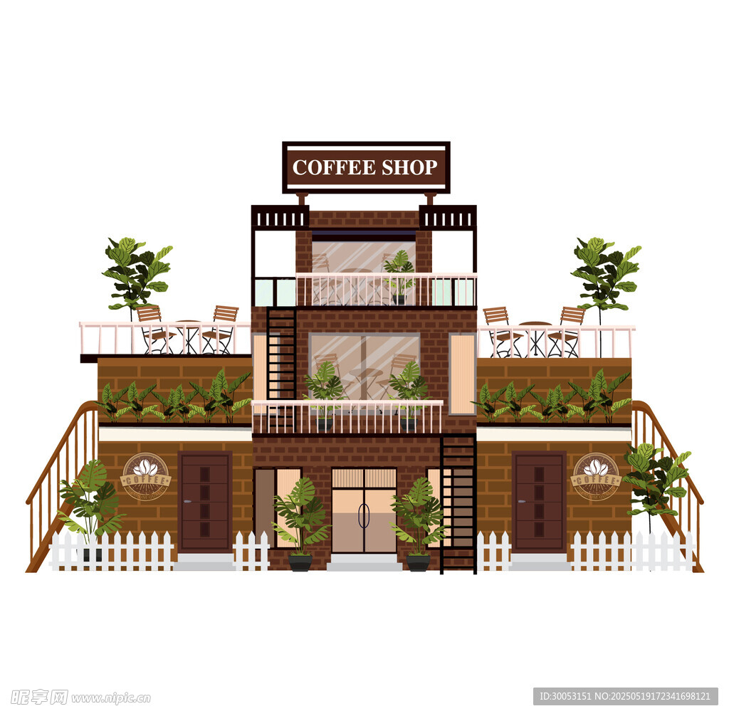 两层咖啡店建筑插画