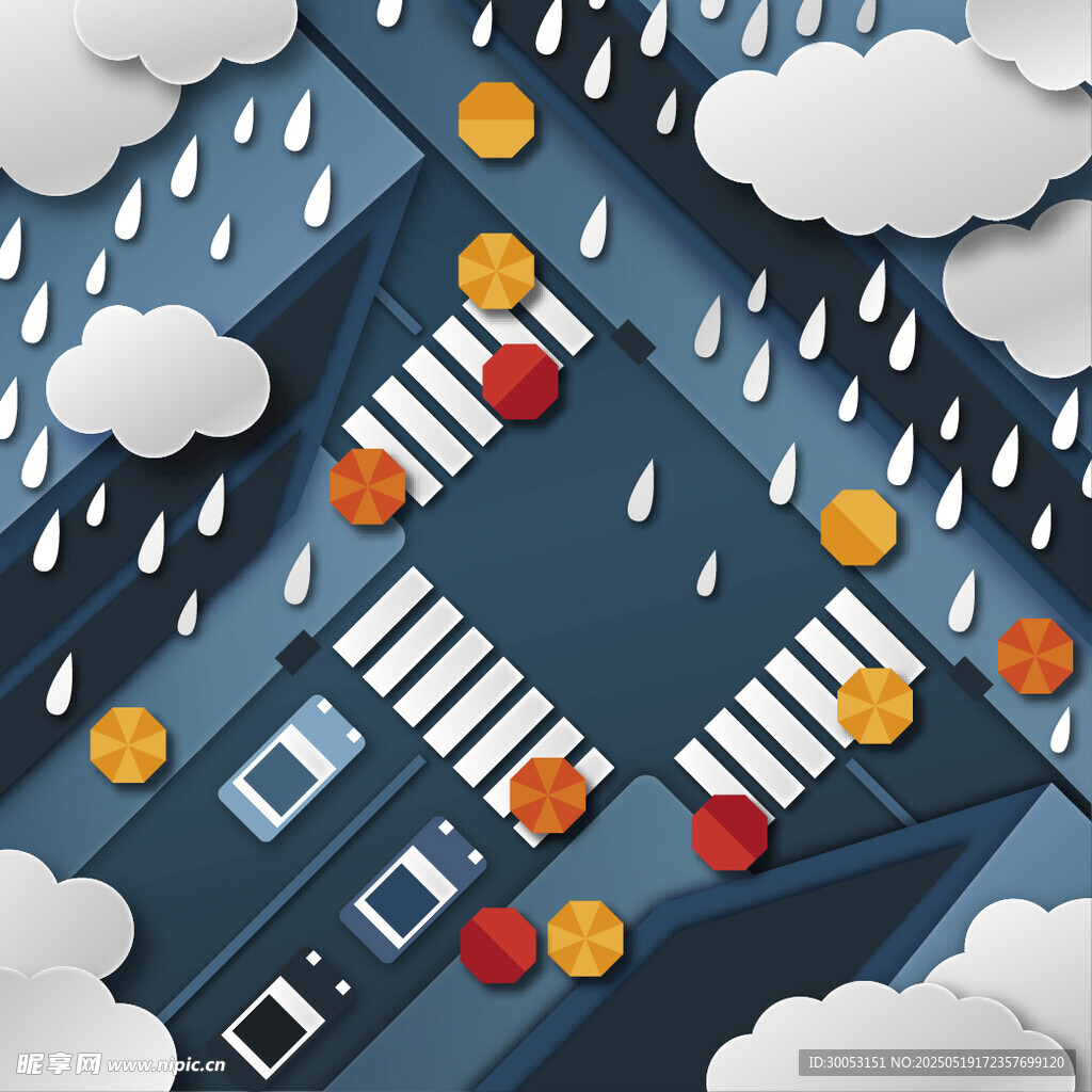 雨中城市交通场景插画