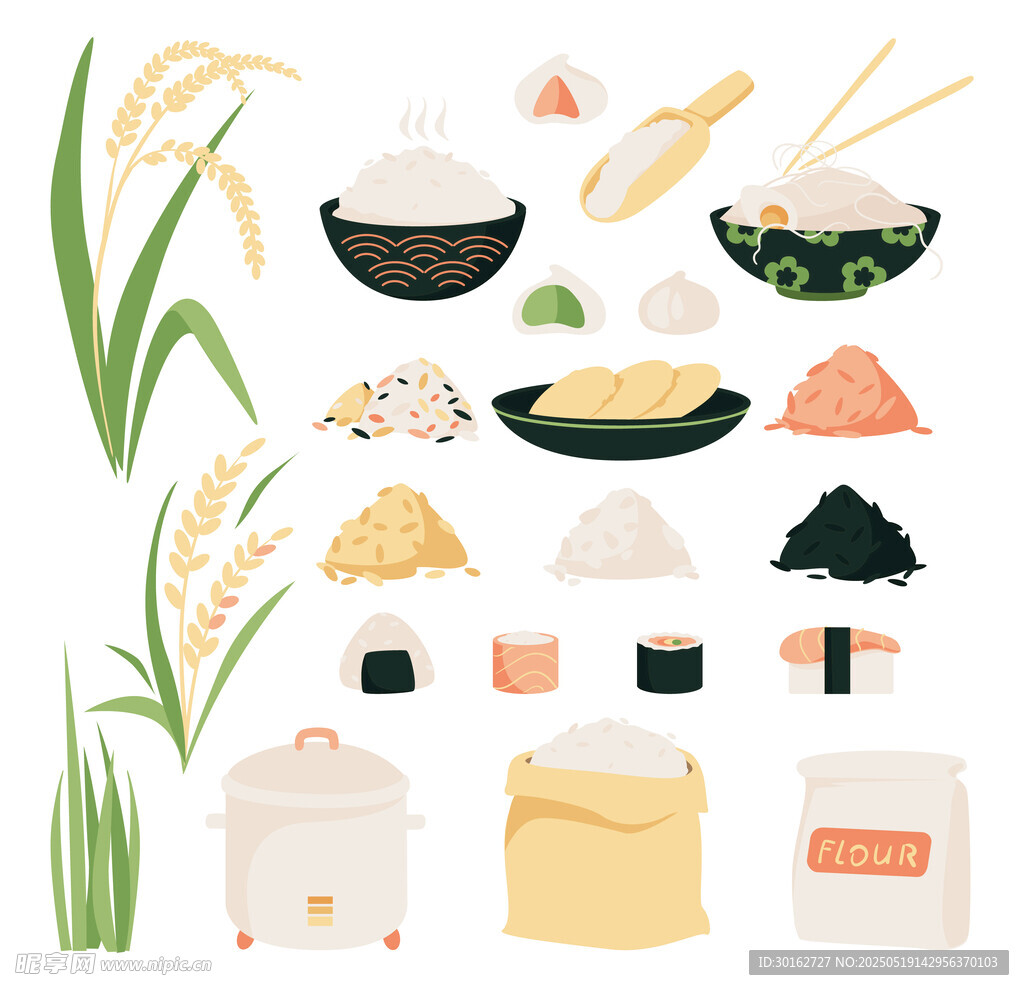 多样米食与稻谷元素集合