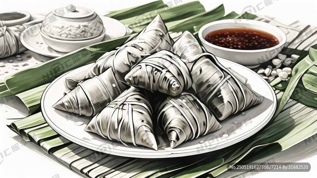 一盘粽子 插画 白底