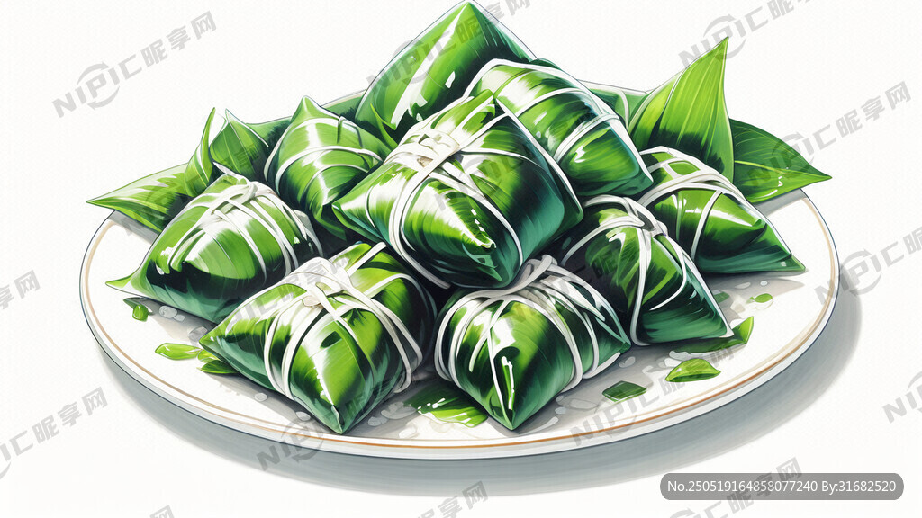 一盘绿色的粽子 插画 白色背景